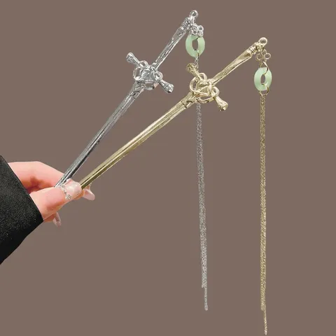Vintage Chinese Style Alloy Sword Hair Stick With Tassel Faux Jade Pendant Ancient Sword Hairpin For Women Styling Decoration Jewelry