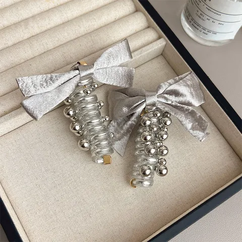 Y2K Zilverkleurig Strik Telefoonsnoer Haarelastiek Metalen Kralen Elastische Paardenstaart Haarband Voor Feest Vrouwen Dagelijks Accessoires