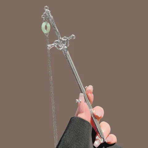 Vintage Chinese Style Alloy Sword Hair Stick With Tassel Faux Jade Pendant Ancient Sword Hairpin For Women Styling Decoration Jewelry