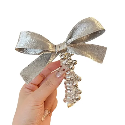 Y2K Zilverkleurig Strik Telefoonsnoer Haarelastiek Metalen Kralen Elastische Paardenstaart Haarband Voor Feest Vrouwen Dagelijks Accessoires