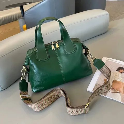 Retro Vegetable Tanned Genuine Leather Handbag For Women Head Layer Cowhide Boston Pillow Bag Fashion Crossbody Bag