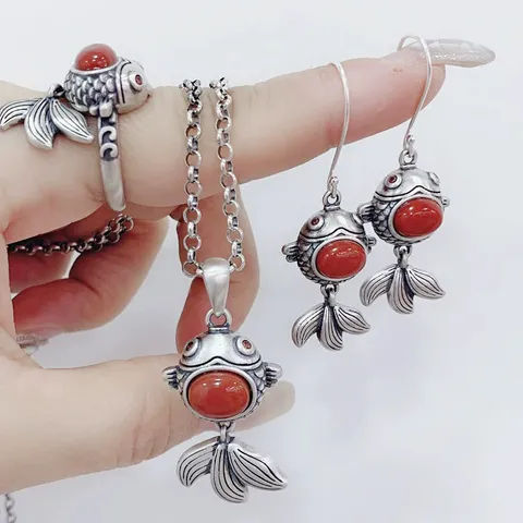 Vintage Goldfisch Anhänger Halskette Kupfer Rot Strass Schlüsselbein Kette Ring Ohrringe Ethnischen Schmuck Damen
