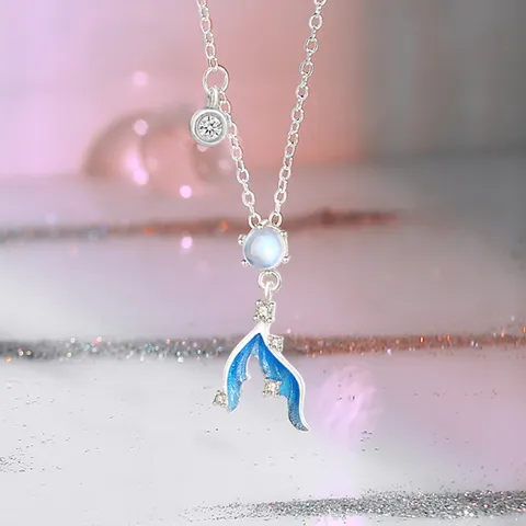 Elegant Kupfer Strass Meerjungfrauenschwanz Anhänger Halskette Süß Blau Fischschwanz Kette Mode Schmuck Für Damen Geschenk
