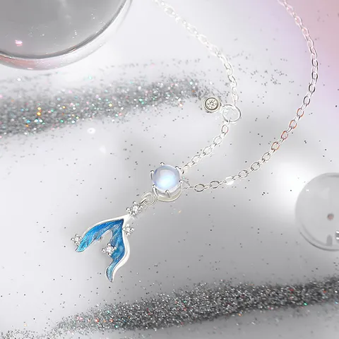 Elegant Kupfer Strass Meerjungfrauenschwanz Anhänger Halskette Süß Blau Fischschwanz Kette Mode Schmuck Für Damen Geschenk