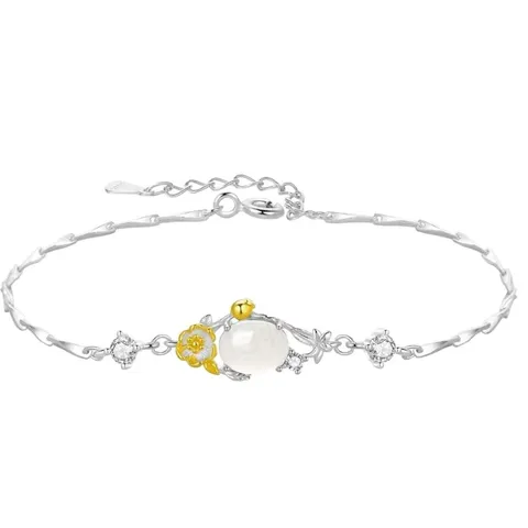 Neo Chinese Style Faux White Chalcedony Flower Charm Bracelet Elegant Copper Rhinestone Plant Beaded Wrist Chain Ornament Jewelry For Women Gift