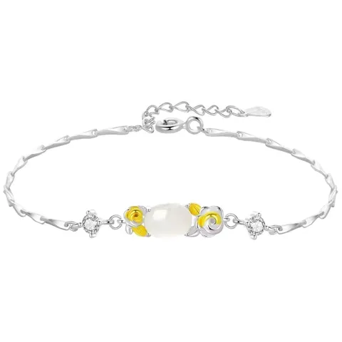 Neo Chinese Style Faux White Chalcedony Flower Charm Bracelet Elegant Copper Rhinestone Plant Beaded Wrist Chain Ornament Jewelry For Women Gift