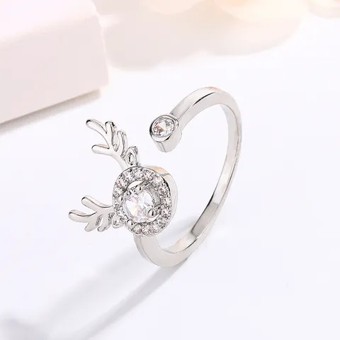 Fresh Sweet Copper Zirconia Antler Open Ring Elegant Adjustable Silver Color Deer Horn Finger Ring For Women Girl Jewelry