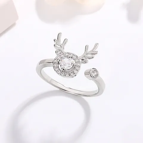 Fresh Sweet Copper Zirconia Antler Open Ring Elegant Adjustable Silver Color Deer Horn Finger Ring For Women Girl Jewelry