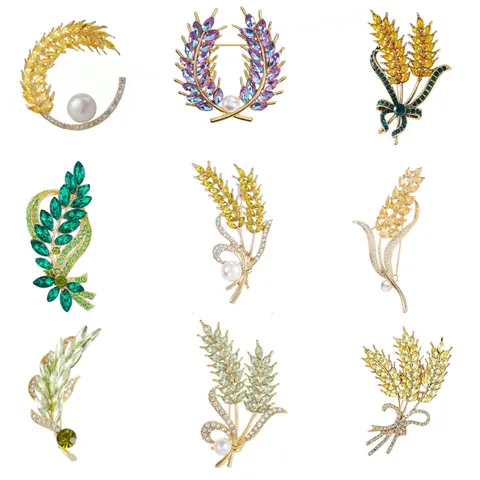 Elegant Zinc Alloy Wheat Ear Brooch Luxury Rhinestone Crystal Botanical Leaf Shape Pin Artificial Pearl Clothing Accessory For Women