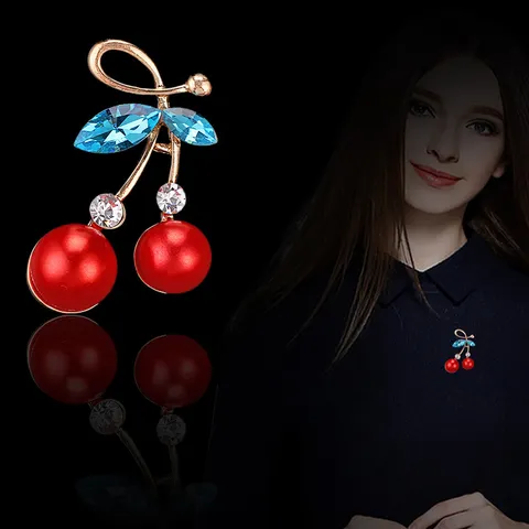 Sweet Alloy Cherry Brooch Pin With Rhinestone Embellishment Artificial Pearl Fruit Corsage Jewelry For Women Wedding Party Clothing Accessory