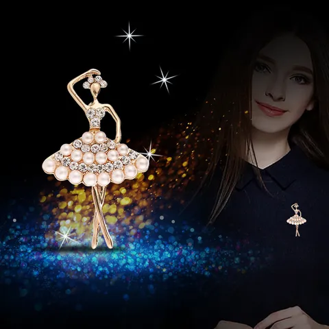 Elegant Alloy Ballerina Brooch For Women Gold Champagne Rhinestone Artificial Pearl Ballet Girl Lapel Pin Clothing Decor