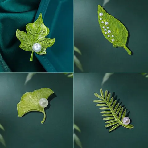 Donna Moda Pianta Foglia d'Acero Ginkgo Spilla Pin Smalto Perla Abito Accessori Letterario Retro Corsetto Gioielli Regalo