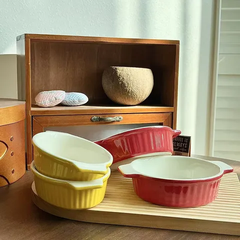 Molde para Hornear de Cerámica con Rayas de Colores Creativos Doble Oreja Estilo Nórdico Apto para Microondas y Horno Plato para el Hogar