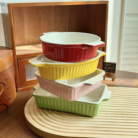 Molde para Hornear de Cerámica con Rayas de Colores Creativos Doble Oreja Estilo Nórdico Apto para Microondas y Horno Plato para el Hogar