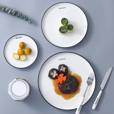 Bone China Steak Plate Nordic Style Round Dinner Dish Black Rim Ceramic Flat Plate Modern Tableware For Household
