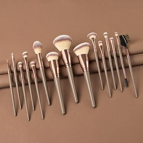 Professional Makeup Brushes Soft Nylon Hair Wooden Handle Champagne Face And Eye Cosmetics Brushes With PU Storage Bag