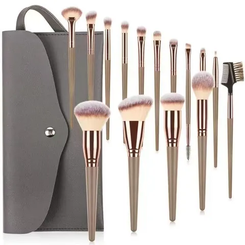 Professional Makeup Brushes Soft Nylon Hair Wooden Handle Champagne Face And Eye Cosmetics Brushes With PU Storage Bag