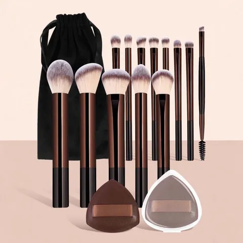 Professional Brown Aluminum Tube Makeup Brush Set With Storage Bag And Triangle Powder Puffs Cosmetic Beauty Tools