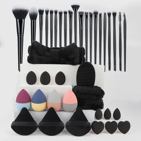 Professionele Make-up Borstel Set Kunststof Aluminium Synthetische Vezel Zachte Haren Foundation Poeder Borstel Spons Bladerdeeg Hoofdband Reiniging Pad Kit Zwart