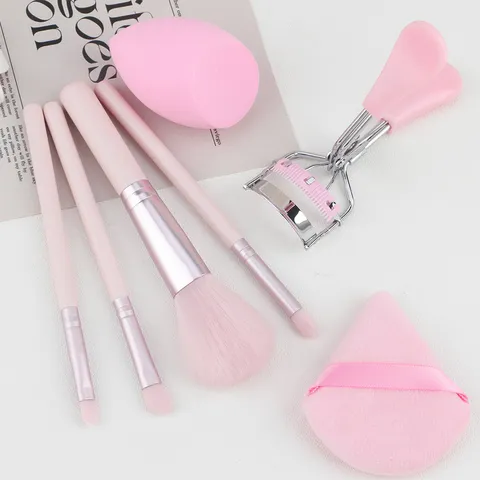 Professional Makeup Brush Eyelash Curler Powder Puff Soft Fiber Hair Wood Handle Portable Beauty Cosmetic Tool Kit
