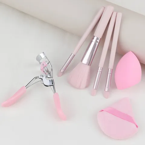 Professional Makeup Brush Eyelash Curler Powder Puff Soft Fiber Hair Wood Handle Portable Beauty Cosmetic Tool Kit