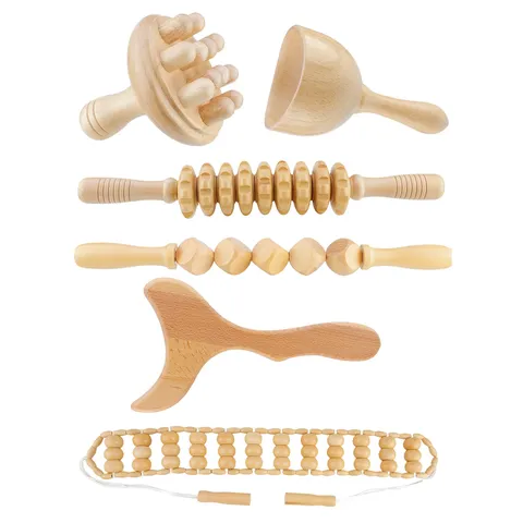 Kit Outils de Massage en Bois Naturel Madérothérapie Dos Cou Taille Corps Entier Rouleau Musculaire Grattage Planche Guasha