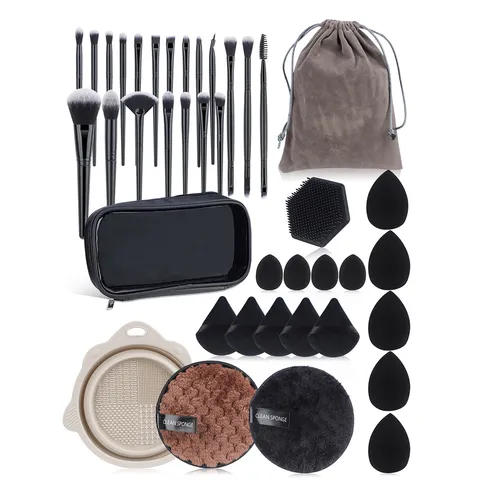 Professionele Make-up Borstel Set Kunstmatige Vezel Borstelharen Plastic Handvat Cosmetica Tool Kit Met Poederdons Sponzen Siliconen Reinigingskom Tas