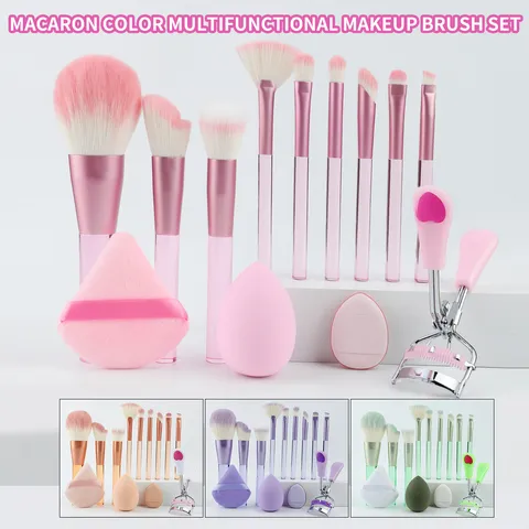 Multifunctional Macaron Colors Makeup Brush Set Synthetic Fiber Bristles Travel Beauty Tools Pouch Sponge Eyelash Curler Kit For Women Gift Daily Use