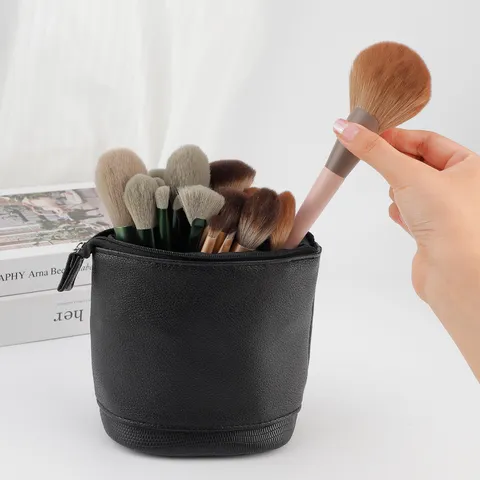 Retractable PU Leather Makeup Bag Lychee Pattern Large Capacity Cosmetic Brush Case Multifunctional Standing Holder Organizer