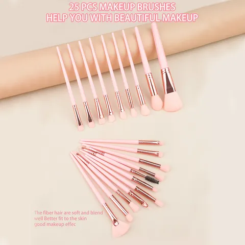 Professional Makeup Brush Set Pink Synthetic Fiber Bristles Plastic Handle Cosmetics Blending Tool Kit Bag Sponge Curler For Daily Beauty Travel Women