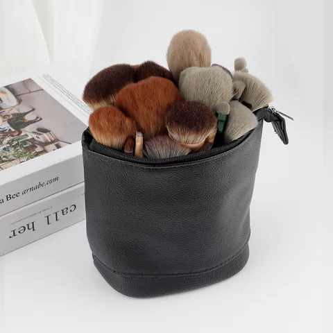 Retractable PU Leather Makeup Bag Lychee Pattern Large Capacity Cosmetic Brush Case Multifunctional Standing Holder Organizer