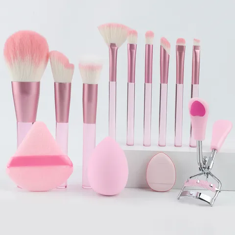 Multifunctional Macaron Colors Makeup Brush Set Synthetic Fiber Bristles Travel Beauty Tools Pouch Sponge Eyelash Curler Kit For Women Gift Daily Use