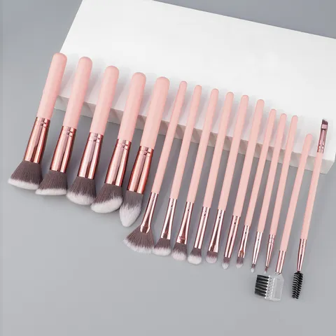 Set Profesional de Brochas de Maquillaje Cabello de Fibra Sintética Mango de Madera Casquillo de Oro Rosa Kit de Herramientas de Belleza