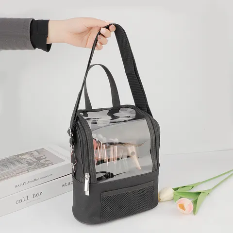 Professionele Make-up Pinsel Tas PU Leder Transparant PVC Verticale Cosmetische Organizer Schoudertas Crossbody Tas Grote Capaciteit Koffer voor Visagisten Reizen