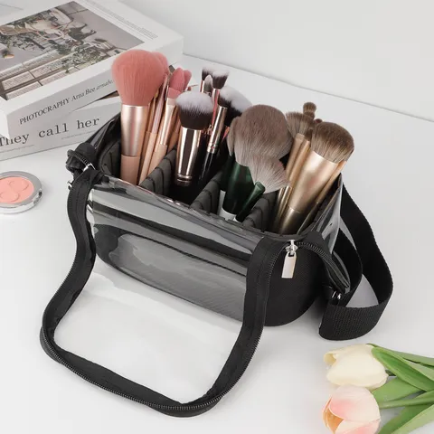 Professionele Make-up Pinsel Tas PU Leder Transparant PVC Verticale Cosmetische Organizer Schoudertas Crossbody Tas Grote Capaciteit Koffer voor Visagisten Reizen