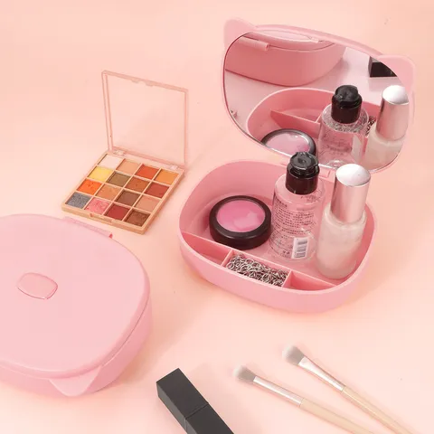 Süßer Katze Ohr Faltbarer Make-up Spiegel Mit Kosmetik Organizer Kunststoff Desktop Kosmetikspiegel Kompakte Aufbewahrungsbox Für Frauen Rosa
