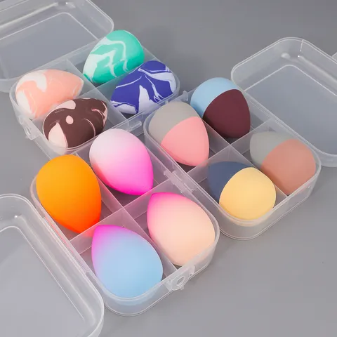 Kit Éponge de Maquillage en Polyuréthane Avec Boîte Multicolore Dégradé Motif Marbre Éponge Cosmétique Boîte