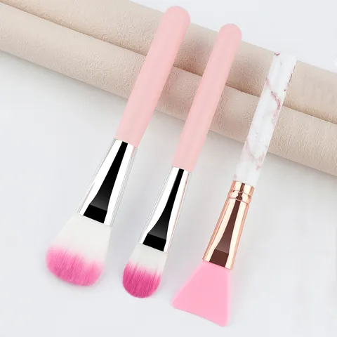 Kit de Pinceaux de Maquillage Professionnels Manche en Bois Fibre Artificielle Poudre Fond de Teint Motif Marbre Outils Masque Silicone