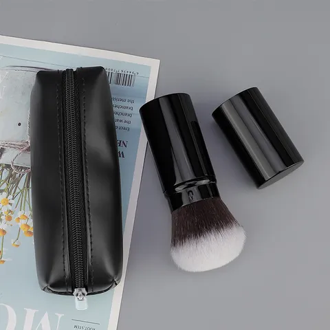 Portable Large Retractable Makeup Brush With PU Zipper Bag Soft Fiber Hair Loose Powder Brush Cosmetic Tool
