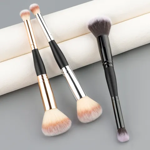 Multi-Functional Double-Ended Makeup Brush Portable Wooden Handle Synthetic Fiber Soft Hair Facial Cosmetic Tool