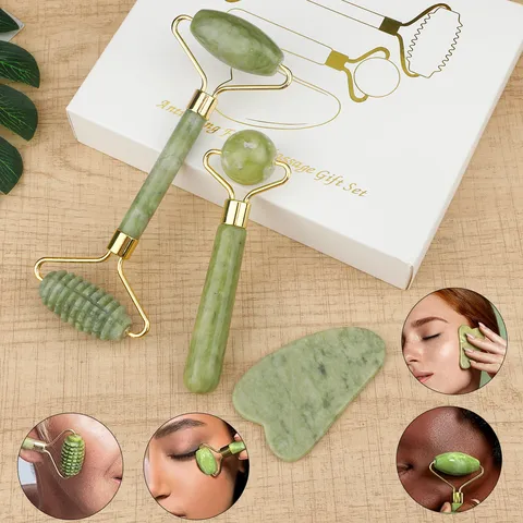 Natural Jade Roller And Gua Sha Stone Facial Massager Gift Set Anti Aging Face Skin Care Tool For Women Daily Skincare