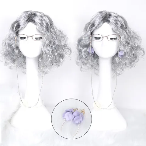 Alte Dame Cosplay Perücke Set Kurzes Lockiges Haar Mit Brille BrillenKette Halskette Ohrringe Halloween Party Kostüm Zubehör