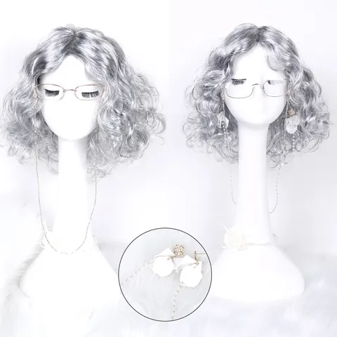 Alte Dame Cosplay Perücke Set Kurzes Lockiges Haar Mit Brille BrillenKette Halskette Ohrringe Halloween Party Kostüm Zubehör