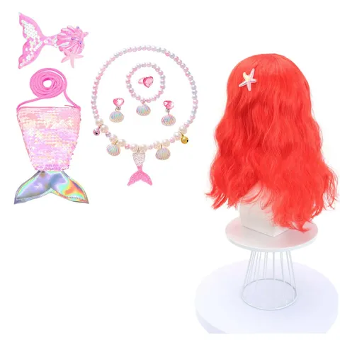 Halloween Meerjungfrau Cosplay Rot Langes Gewelltes Perücke Mit Muschel Perle Schmuck Set Party Kostüm Haarperücke Für Frauen Und Kinder