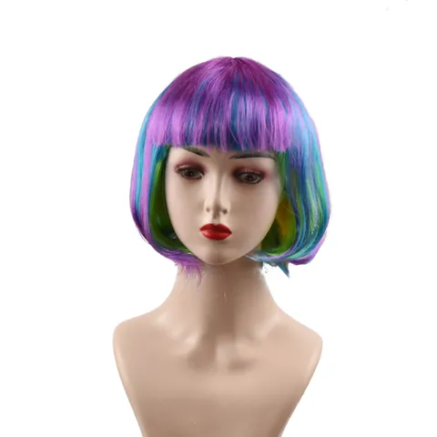 Colorful Short Bob Wig Straight Synthetic Hair With Bangs Multicolored Gradient Hairpieces For Daily Party Women Cosplay