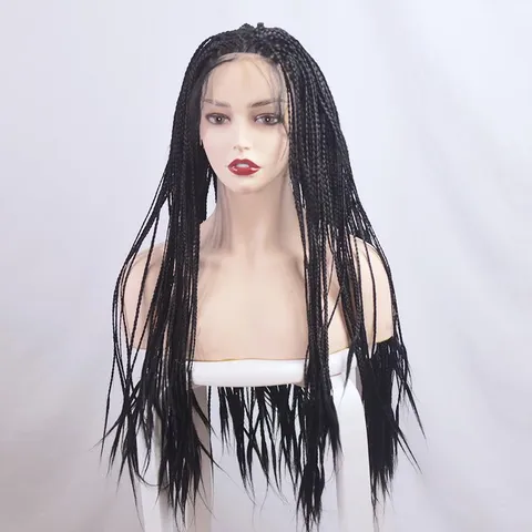 Schwarze Lange Glatte Box Braids Lace Front Synthetische Perücke Natürliche Hochtemperaturfaser Perücken Für Damen Party