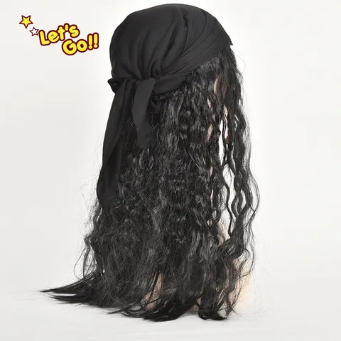 Halloween Pirat Kapitän Hut Und Perücke Set Cosplay Kostüm Zubehör Lange Lockige Haare Mit Totenkopf Kopftuch Partybedarf
