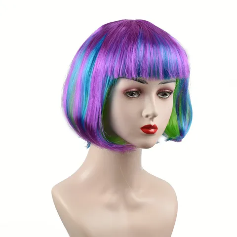 Colorful Short Bob Wig Straight Synthetic Hair With Bangs Multicolored Gradient Hairpieces For Daily Party Women Cosplay