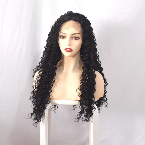 Synthetische Faser Frontspitze Lange Lockige Schwarze Perücke Für Damen Europäische Und Amerikanische Mode
