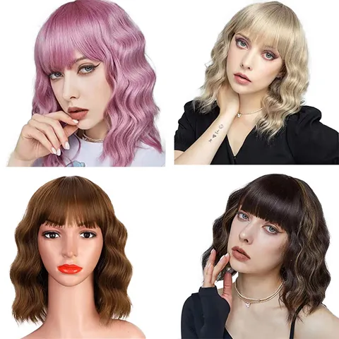 Kurze Wellen Bob Perücke aus hochtemperaturbeständiger Kunstfaser mit Luftpony Schulterlanges Flauschiges Haar für Damen